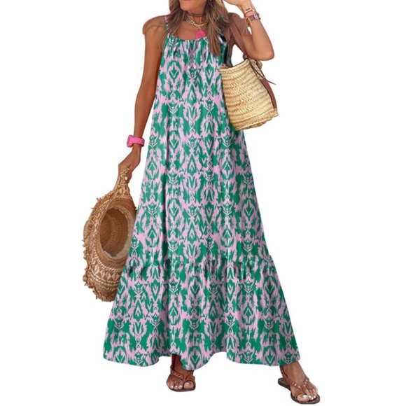 Spaghetti Strap Scoop Neck Smocked Ruffle Flowy Boho Maxi Dress - Picture 1 of 7